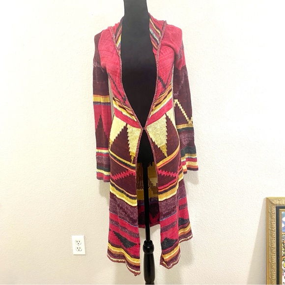 Free People Aztec Patterned Duster Cardigan, Hooded, Small, Boho, Beautiful! - Picture 3 of 9